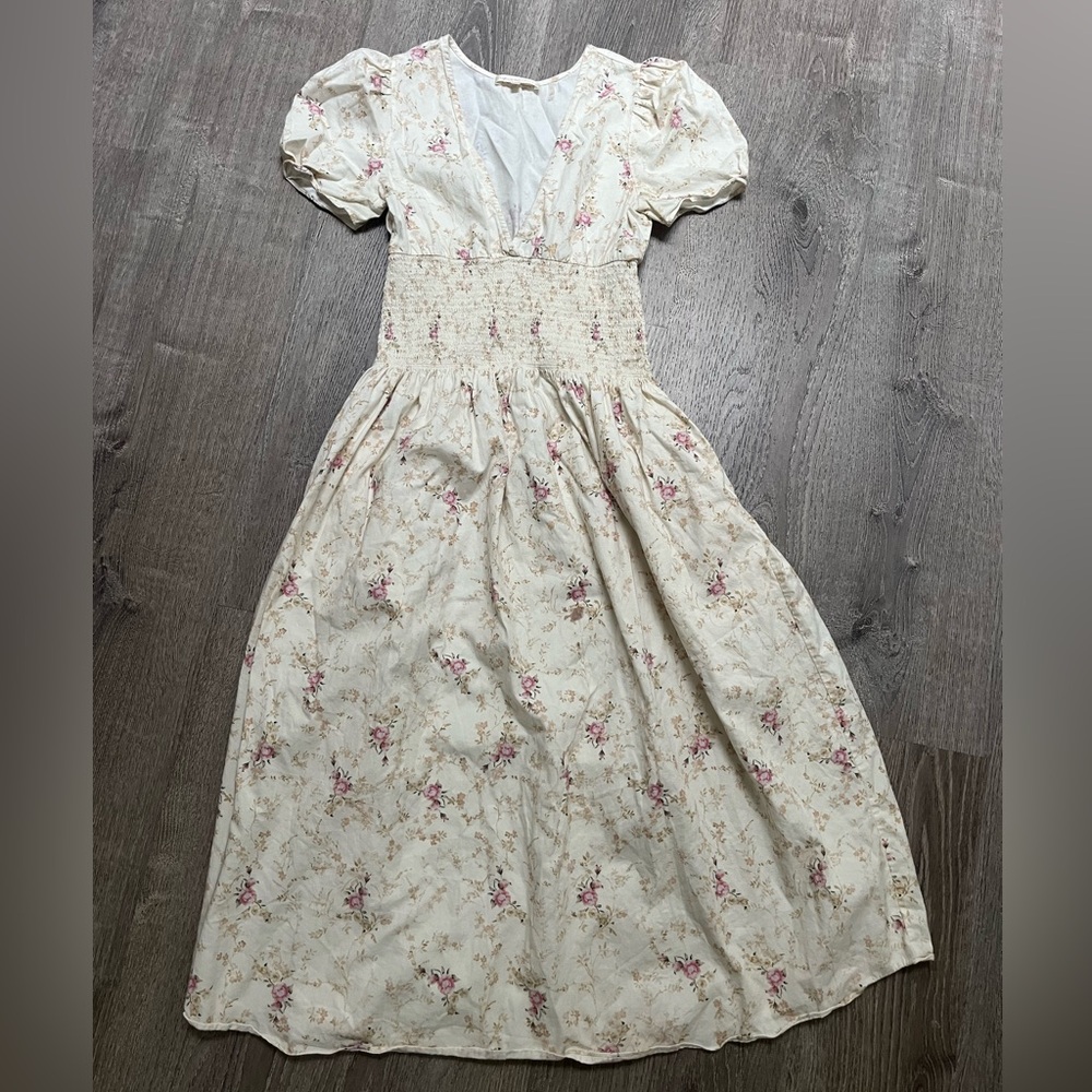 Love Shack Fancy Cream Floral maxi Dress with Smocked Waist XS P